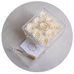 Clear box containing nine cream-colored roses with a gold-accented pen and a card inside the box on a light surface.
